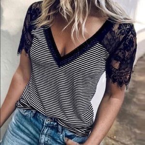 Black Lace Striped Top
